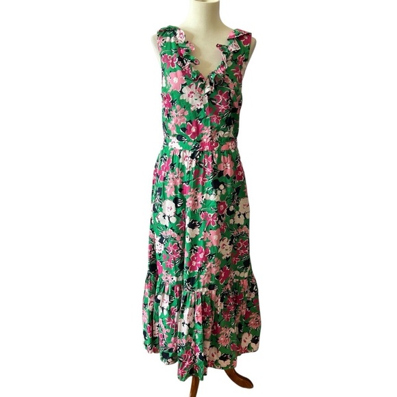 J CREW FACTORY DRESS 8 FLORAL V NECK RUFFLE MIDI EASTER SUMMER PARTY FEMININE - Picture 2 of 11